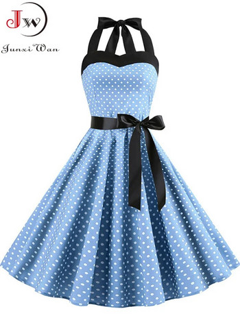 Πουά Γυναικείο φόρεμα Vintage Swing Halter Belt 50s 60s Rockabilly Prom Party Dresses Retro Feminino Vestidos