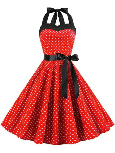 Πουά Γυναικείο φόρεμα Vintage Swing Halter Belt 50s 60s Rockabilly Prom Party Dresses Retro Feminino Vestidos