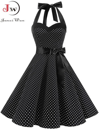 Πουά Γυναικείο φόρεμα Vintage Swing Halter Belt 50s 60s Rockabilly Prom Party Dresses Retro Feminino Vestidos