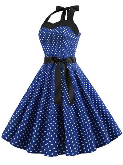 Pöttyös ruha Női Vintage Swing Halter Öv 50-es 60-as évek Rockabilly báli parti ruhák Retro nőies Vestidos