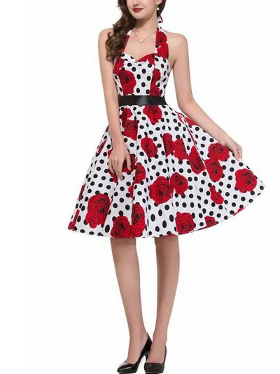 Πουά Γυναικείο φόρεμα Vintage Swing Halter Belt 50s 60s Rockabilly Prom Party Dresses Retro Feminino Vestidos