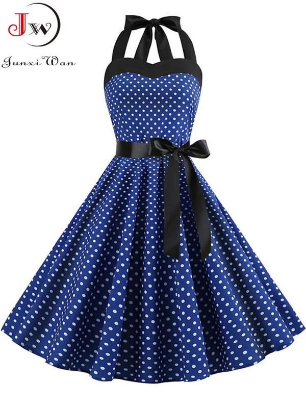 Πουά Γυναικείο φόρεμα Vintage Swing Halter Belt 50s 60s Rockabilly Prom Party Dresses Retro Feminino Vestidos