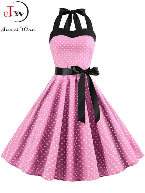 Πουά Γυναικείο φόρεμα Vintage Swing Halter Belt 50s 60s Rockabilly Prom Party Dresses Retro Feminino Vestidos