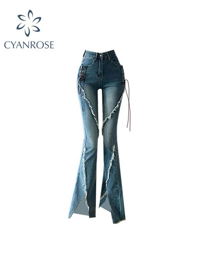 y2k Flare Jeans Vintage Χαμηλόμεσο Σπλιτ Παντελόνι Αισθητική Streetwear Casual Cargo Παντελόνι Γυναικεία Κορεατικά Στιλ ταλαιπωρημένο Jean