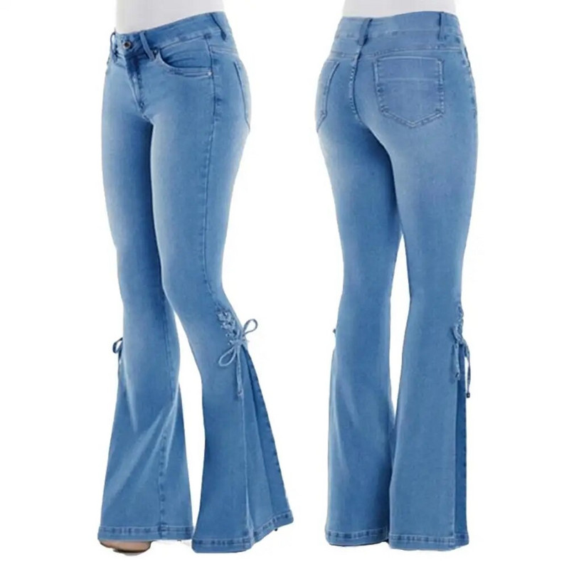 Vintažiniai džinsiniai džinsai Moteriški džinsai aukštu liemeniu, tamprūs džinsai, platėjančios kelnės, moteriškos suvarstomos, ilgos, plačios kojos, platėjančios džinsai