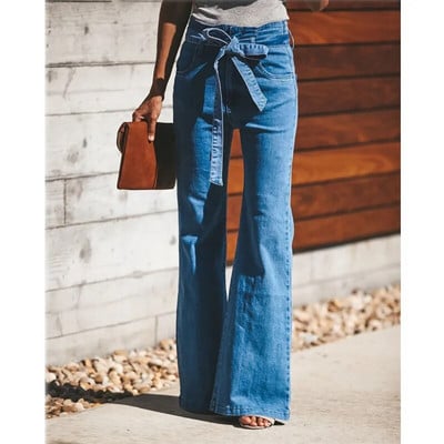 Μπλε γραβάτα Waist Flare Jeans Γυναικείο λεπτό τζιν παντελόνι Vintage ρούχα άνοιξη 2021 Ψηλό παντελόνι ζώνη ελαστικό φαρδύ πόδι