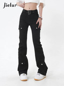 Jielur Fashion Slim Black Jeans American Style Ins Vienspalviai Prašmatnios sagos Moteriškos platėjančios kelnės viso ilgio laisvalaikio moteriški džinsai