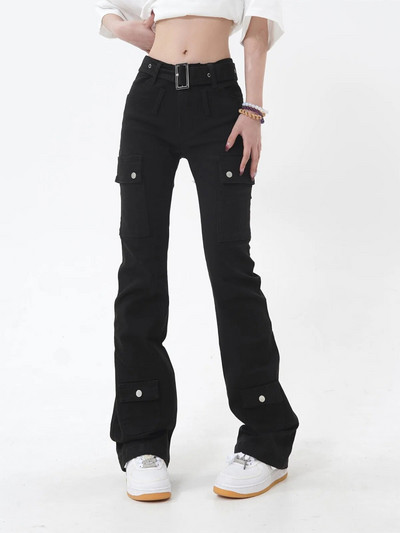 Jielur Fashion Slim Black Jeans American Style Ins Vienspalviai Prašmatnios sagos Moteriškos platėjančios kelnės viso ilgio laisvalaikio moteriški džinsai