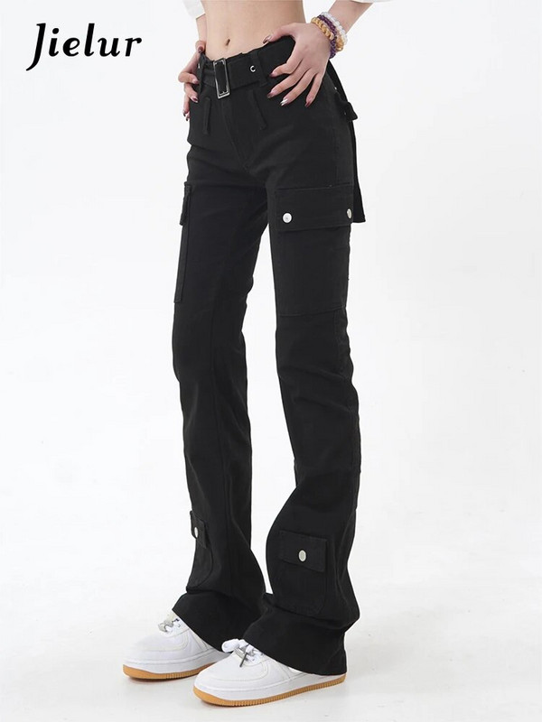 Jielur Fashion Slim Black Jeans American Style Ins Vienspalviai Prašmatnios sagos Moteriškos platėjančios kelnės viso ilgio laisvalaikio moteriški džinsai