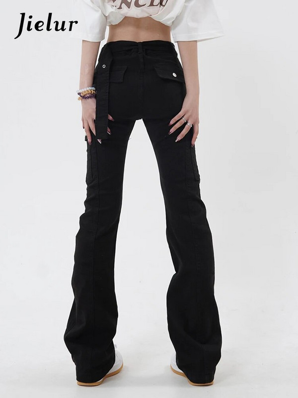 Jielur Fashion Slim Black Jeans American Style Ins Vienspalviai Prašmatnios sagos Moteriškos platėjančios kelnės viso ilgio laisvalaikio moteriški džinsai