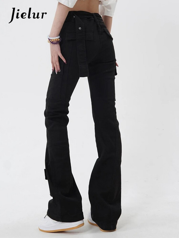 Jielur Fashion Slim Black Jeans American Style Ins Vienspalviai Prašmatnios sagos Moteriškos platėjančios kelnės viso ilgio laisvalaikio moteriški džinsai