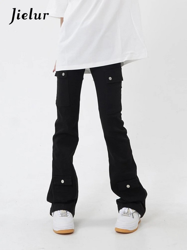 Jielur Fashion Slim Black Jeans American Style Ins Vienspalviai Prašmatnios sagos Moteriškos platėjančios kelnės viso ilgio laisvalaikio moteriški džinsai