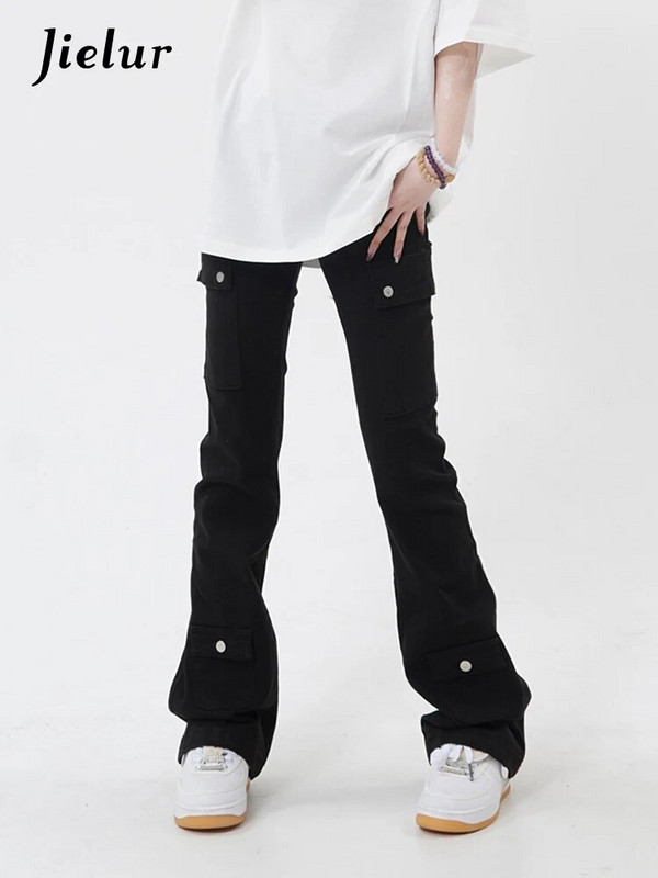 Jielur Fashion Slim Black Jeans American Style Ins Vienspalviai Prašmatnios sagos Moteriškos platėjančios kelnės viso ilgio laisvalaikio moteriški džinsai