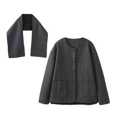 Šalikas Kaklo vilnonė striukė Moteriškas elegantiškas ilgomis rankovėmis pilkas moteriškas paltas 2023 m. rudens gatvės laisvi moteriški viršutiniai drabužiai