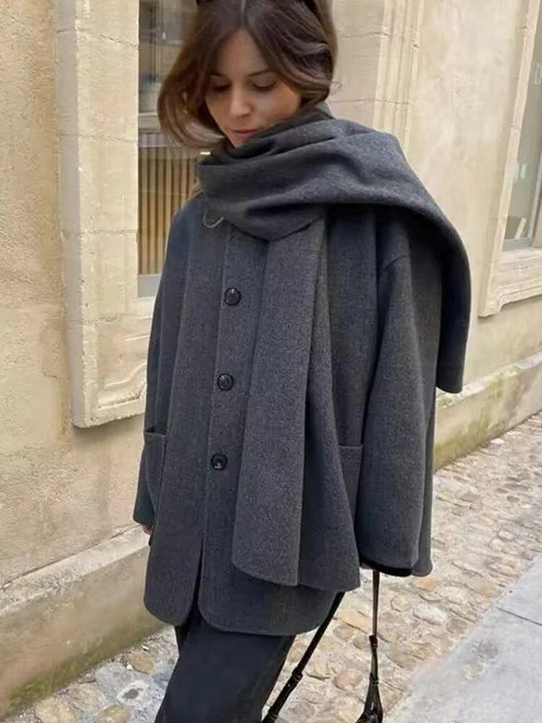 Šalikas Kaklo vilnonė striukė Moteriškas elegantiškas ilgomis rankovėmis pilkas moteriškas paltas 2023 m. rudens gatvės laisvi moteriški viršutiniai drabužiai