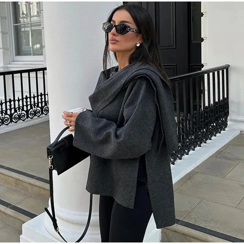 Šalikas Kaklo vilnonė striukė Moteriškas elegantiškas ilgomis rankovėmis pilkas moteriškas paltas 2023 m. rudens gatvės laisvi moteriški viršutiniai drabužiai
