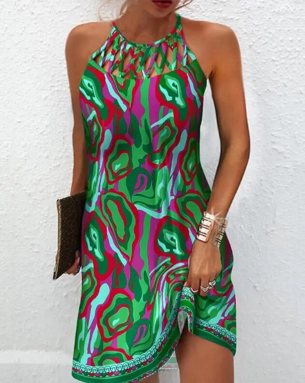 Madinga moteriška tiesi suknelė 2023 m. vasaros atostogos Nauja daugiaspalvė abstrakčios spaudos tuščiavidurė laisvalaikio mini suknelė be rankovių