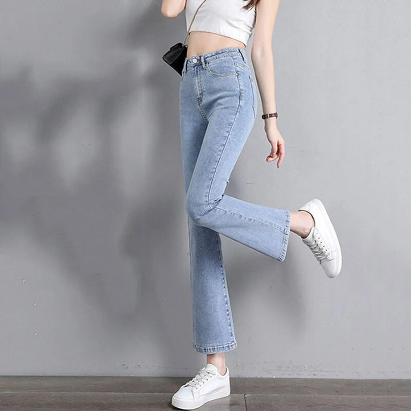 Vienspalvės klasikinės aukšto juosmens plonos tamprios džinsinės kelnės pavasario rudeniniai ploni džinsai korėjietiškos mados gatvės drabužiai platėjantys džinsai