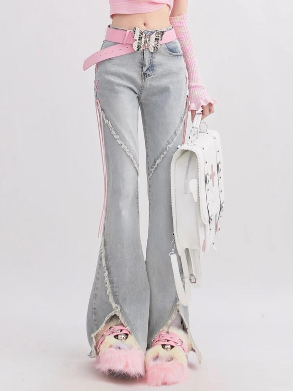 Suvised teksariidest Vintage magusad püksid, naiste õhukesed pitsilised Korea vabaaja püksid, naiste jaapani Prantsusmaa elegantsed lahtised teksad, uued