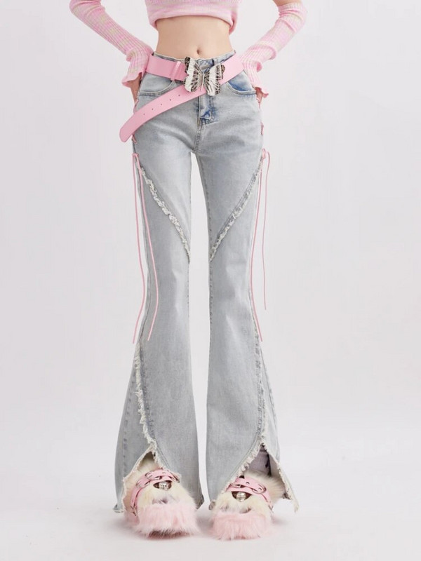 Suvised teksariidest Vintage magusad püksid, naiste õhukesed pitsilised Korea vabaaja püksid, naiste jaapani Prantsusmaa elegantsed lahtised teksad, uued