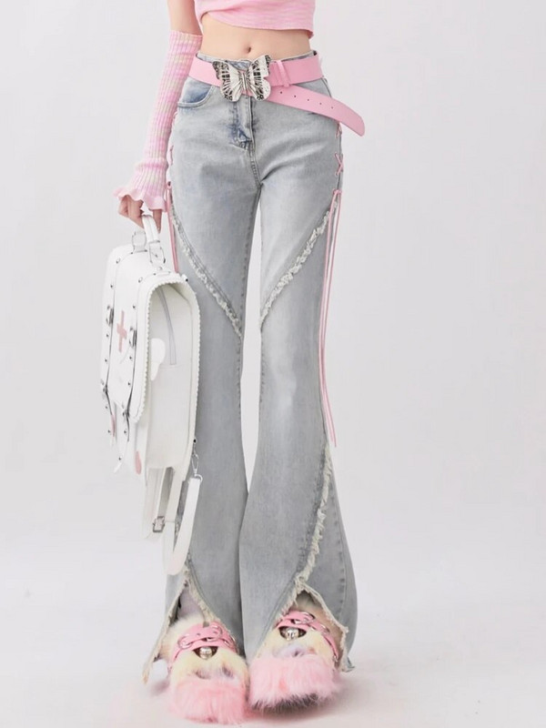 Suvised teksariidest Vintage magusad püksid, naiste õhukesed pitsilised Korea vabaaja püksid, naiste jaapani Prantsusmaa elegantsed lahtised teksad, uued