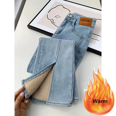 Pluss Velvet naiste heledad teksad Talvised soojad kitsad fliisist Vaqueros Disain Paks teksariidest Pantalones kõrge vöökohaga kellukese põhjaga püksid