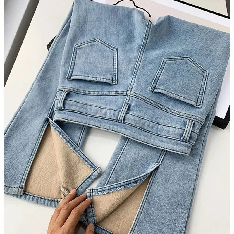 Pluss Velvet naiste heledad teksad Talvised soojad kitsad fliisist Vaqueros Disain Paks teksariidest Pantalones kõrge vöökohaga kellukese põhjaga püksid