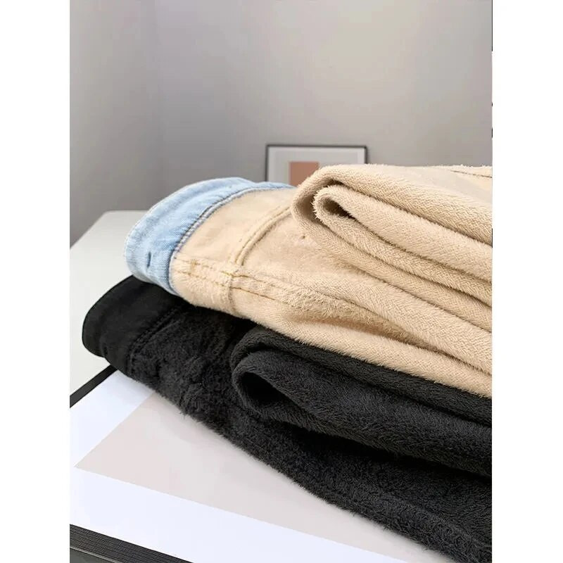 Pluss Velvet naiste heledad teksad Talvised soojad kitsad fliisist Vaqueros Disain Paks teksariidest Pantalones kõrge vöökohaga kellukese põhjaga püksid