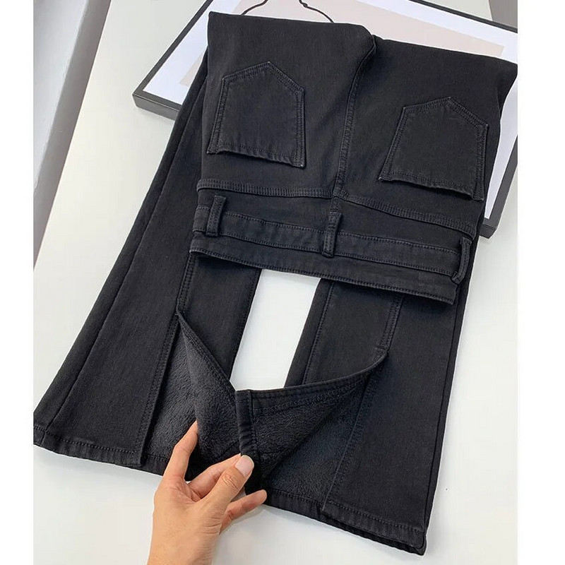 Pluss Velvet naiste heledad teksad Talvised soojad kitsad fliisist Vaqueros Disain Paks teksariidest Pantalones kõrge vöökohaga kellukese põhjaga püksid