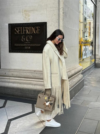 Κομψό γυναικείο μονόχρωμο παλτό με φούντα μάλλινο παλτό με μακρυμάνικο πέτο με τσέπες 2023 Φθινόπωρο Χειμώνας Γυναικείο κομψό streetwear