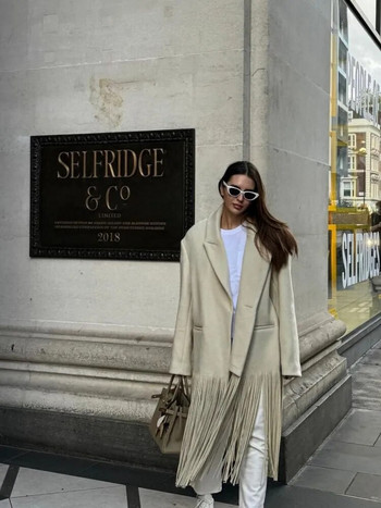 Κομψό γυναικείο μονόχρωμο παλτό με φούντα μάλλινο παλτό με μακρυμάνικο πέτο με τσέπες 2023 Φθινόπωρο Χειμώνας Γυναικείο κομψό streetwear