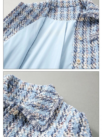 Vimly Winter Cropped Tweed μπουφάν για γυναίκες 2023 Κομψά καρό φούντα πέτο μακρυμάνικο μάλλινο παλτό Γυναικεία εξωτερικά ενδύματα V5252