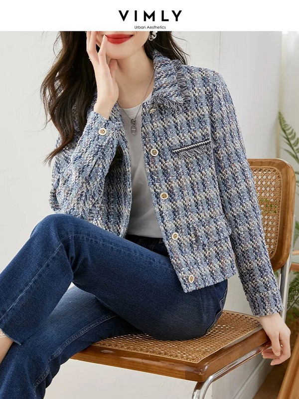 „Vimly“ žieminės kirptos „Tweed“ striukės moterims, 2023 m. Elegantiškas languotas kutas, ilgomis rankovėmis, vilnos mišinio paltai, moteriški viršutiniai drabužiai V5252
