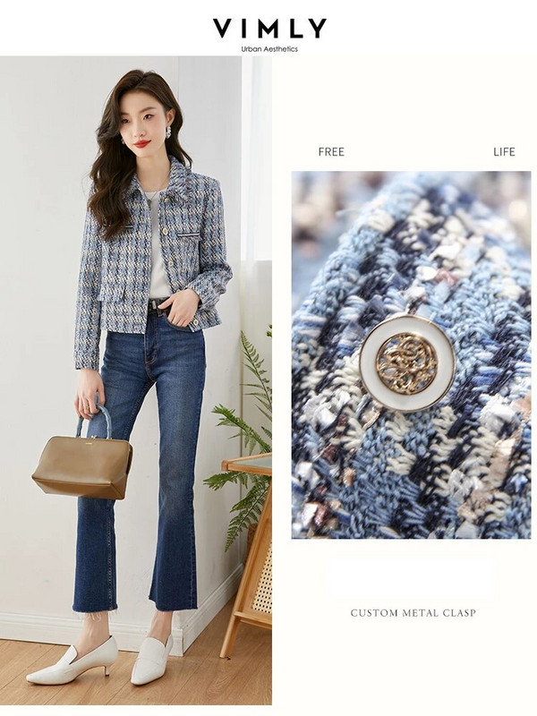 „Vimly“ žieminės kirptos „Tweed“ striukės moterims, 2023 m. Elegantiškas languotas kutas, ilgomis rankovėmis, vilnos mišinio paltai, moteriški viršutiniai drabužiai V5252