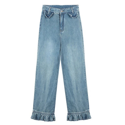 Gotikinės džinsinės kelnės su aukštu juosmeniu, moteriškos prašmatnios raukiniai, raukiniai, džinsai, plačios kelnės, džinsai, moteriškos kawaii Y2K tiesios kelnės