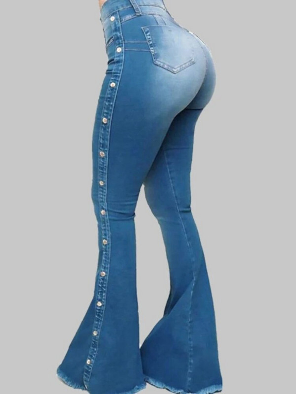 2022 m. pavasaris ir vasara Naujos moteriškos aukšto juosmens elastinės klasikinės moteriškos šluostės džinsinės seksualios plonos vientisos spalvos skalbtos platėjančios kelnės