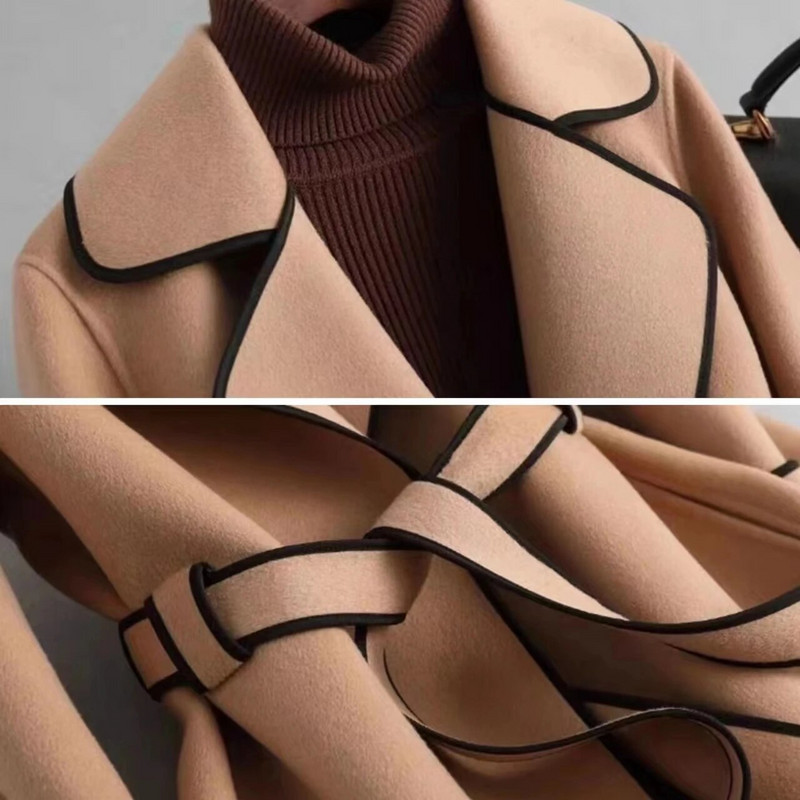 Naujas 2023 m. rudens žieminis paltas moterims, vilnonė striukė su reguliuojamu juosmeniu, vilnos mišiniai, moteriški drabužiai, laisvi viršutiniai drabužiai