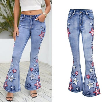 Дамски дънки със звездна бродерия LOGAMI Patch Designs Flare Denim Pants Дамски дънки с камбанка