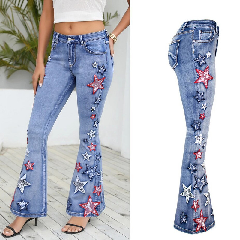 LOGAMI traperice sa zvjezdanim vezom za žene Patch Designs Flare denim hlače Ženske zvonaste traperice