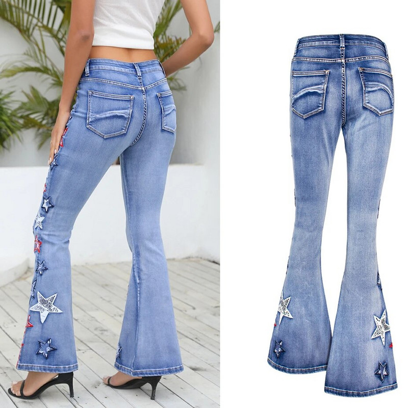 LOGAMI traperice sa zvjezdanim vezom za žene Patch Designs Flare denim hlače Ženske zvonaste traperice