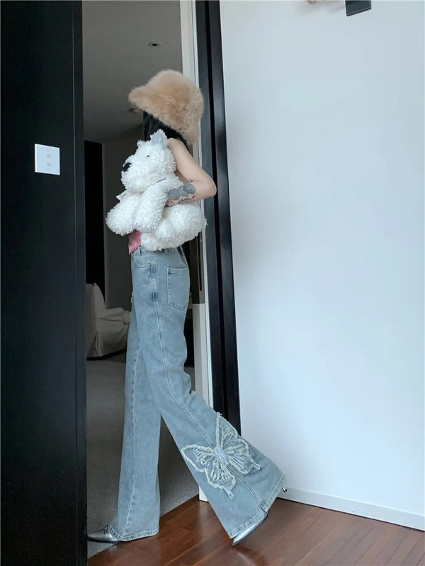 Liblikaga tikitud laienevad teksad Sirged madala kõrgusega teksad Vintage Harajuku kottis teksad Tänavarõivad Denim Elegantsed naiste riided