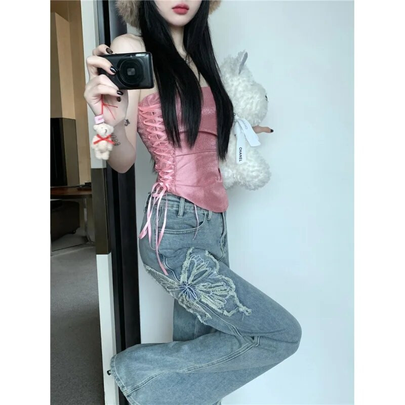 Liblikaga tikitud laienevad teksad Sirged madala kõrgusega teksad Vintage Harajuku kottis teksad Tänavarõivad Denim Elegantsed naiste riided