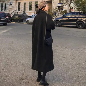 Есенно дамско елегантно вълнено палто Корейско модно черно универсално дълго яке Дамско зимно удебелено топло, свободно смесено палто Ново