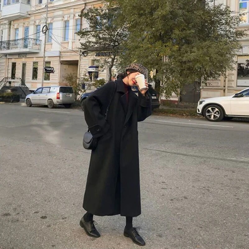 Sügisene naiste Elegantne villane mantel Korea mood must All Match pikk jakk Naiste talv paks soe lahtised segud mantel Uus