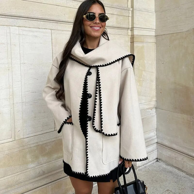 TRAFZA talvine naiste mantel, pikkade varrukatega, üherealine ülisuur vabaaja sallkraega jakk, soe ülerõivas, vintage naisteriided