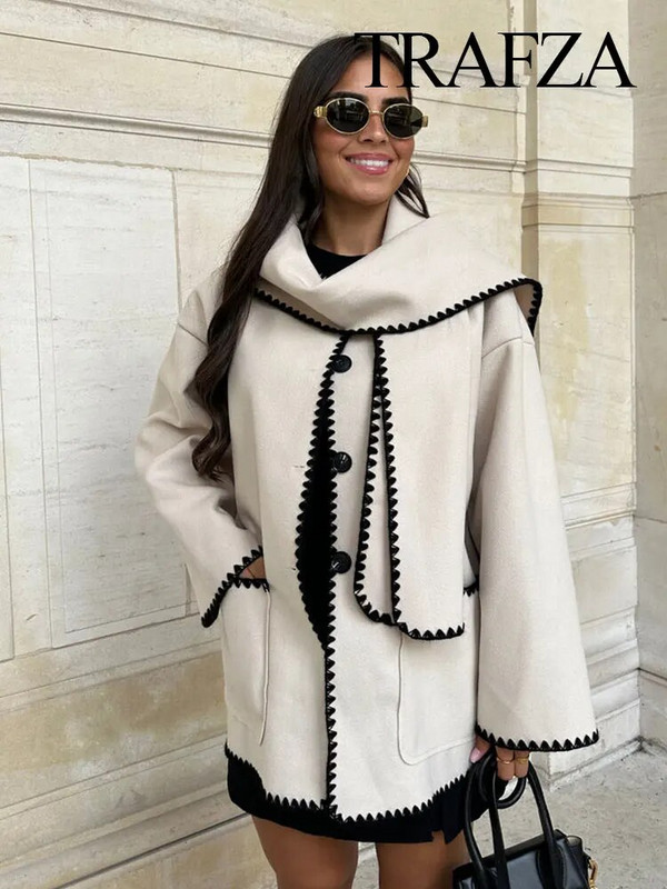 TRAFZA talvine naiste mantel, pikkade varrukatega, üherealine ülisuur vabaaja sallkraega jakk, soe ülerõivas, vintage naisteriided