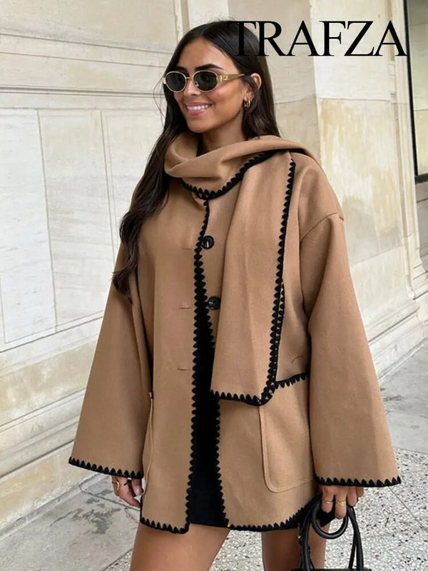 TRAFZA talvine naiste mantel, pikkade varrukatega, üherealine ülisuur vabaaja sallkraega jakk, soe ülerõivas, vintage naisteriided