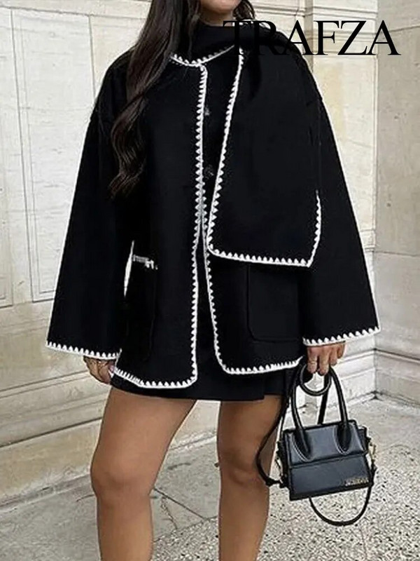 TRAFZA talvine naiste mantel, pikkade varrukatega, üherealine ülisuur vabaaja sallkraega jakk, soe ülerõivas, vintage naisteriided