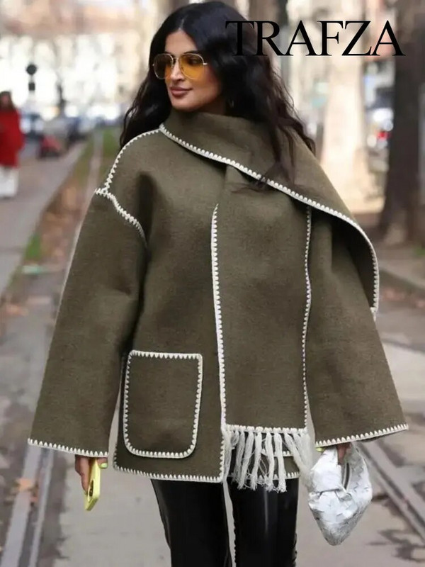 TRAFZA talvine naiste mantel, pikkade varrukatega, üherealine ülisuur vabaaja sallkraega jakk, soe ülerõivas, vintage naisteriided