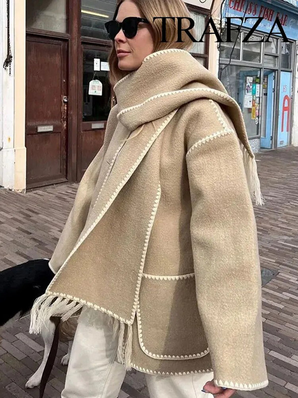 TRAFZA talvine naiste mantel, pikkade varrukatega, üherealine ülisuur vabaaja sallkraega jakk, soe ülerõivas, vintage naisteriided